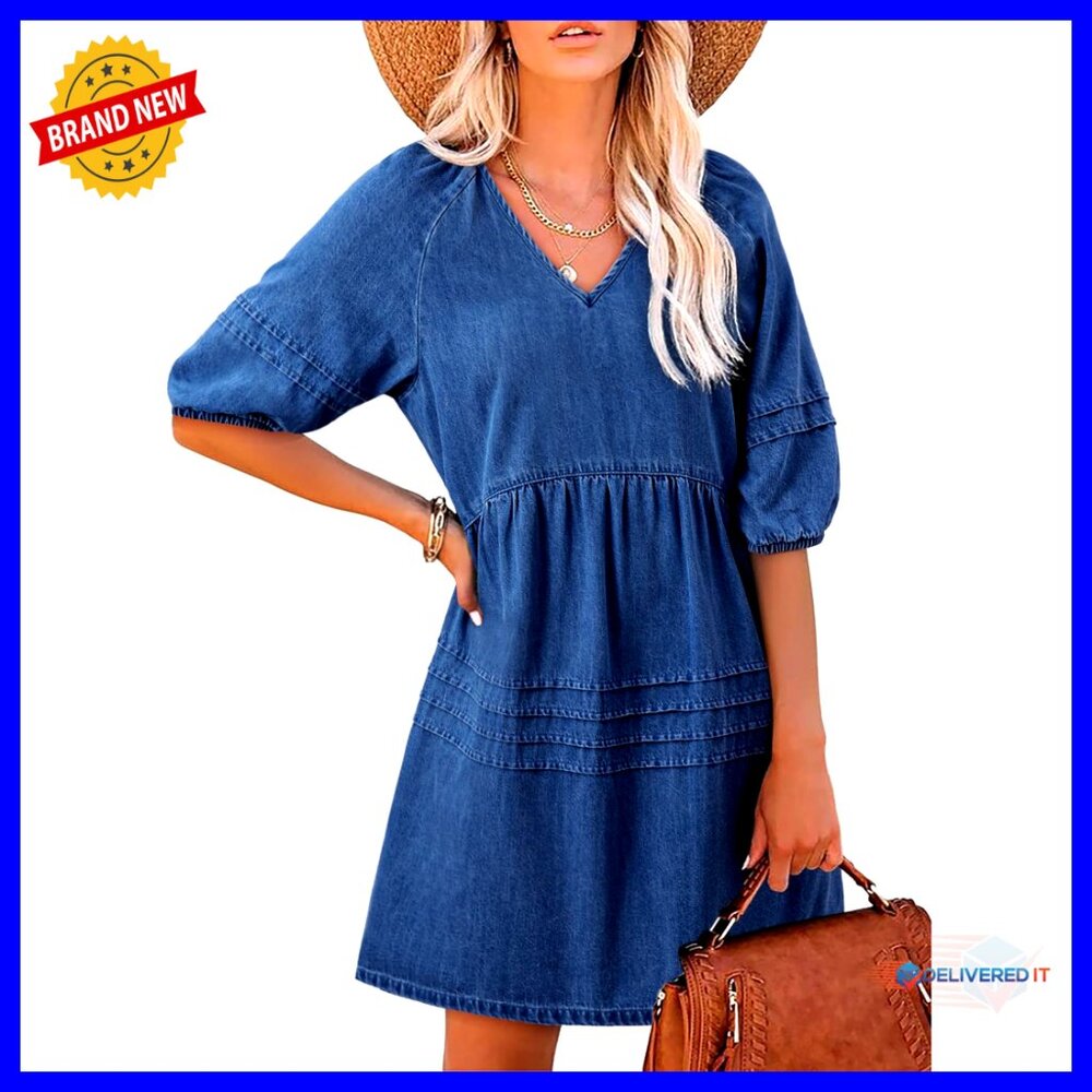 Denim Mini Dress V Neck Puff Sleeve Back Tie Casual Summer Chic